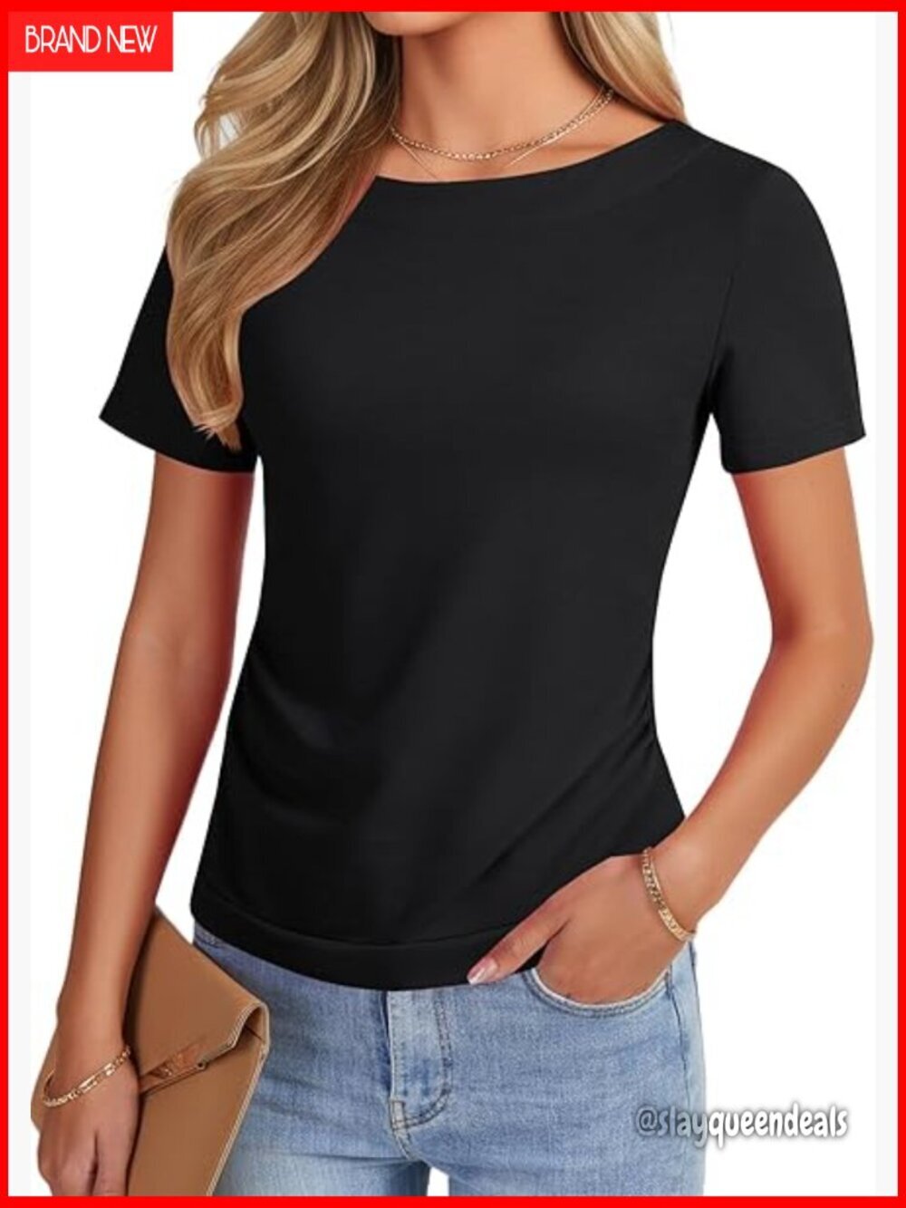 Boat Neck Short Sleeve Ruched Slim Fit Blouse Top Polyester Cotton Blend